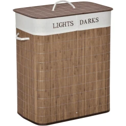 Outsunny Wäschekorb 2 Große Fächer, Bambusschale Braun, Weiß